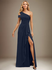 Sheath/Column Cold Shoulder One Shoulder Floor-Length Chiffon Evening Dress With Cascading Ruffles