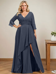 A-line V-Neck Floor-Length Chiffon Mother of the Bride Dress With Cascading Ruffles