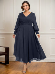 A-line V-Neck Tea-Length Chiffon Mother of the Bride Dress With Pleated