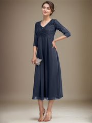 A-line V-Neck Tea-Length Chiffon Lace Mother of the Bride Dress With Beading