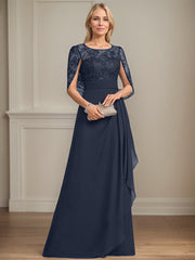 A-line Scoop Illusion Floor-Length Lace Chiffon Mother of the Bride Dress With Cascading Ruffles Sequins