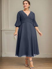 A-line V-Neck Tea-Length Chiffon Mother of the Bride Dress With Pleated
