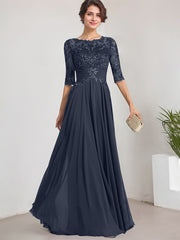 A-line Scoop Illusion Floor-Length Lace Chiffon Mother of the Bride Dress With Pleated Sequins