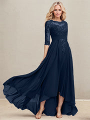 A-line Scoop Illusion Asymmetrical Lace Chiffon Mother of the Bride Dress With Pleated Sequins