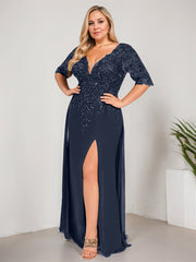 Sheath/Column V-Neck Floor-Length Lace Chiffon Mother of the Bride Dress With Sequins