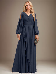 A-line Cold Shoulder V-Neck Floor-Length Chiffon Mother of the Bride Dress With Cascading Ruffles Beading