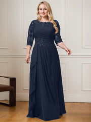 A-line Scoop Floor-Length Lace Chiffon Mother of the Bride Dress With Cascading Ruffles Sequins