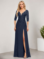 Sheath/Column V-Neck Floor-Length Lace Chiffon Mother of the Bride Dress With Sequins