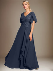 A-line V-Neck Floor-Length Lace Chiffon Mother of the Bride Dress With Cascading Ruffles Sequins