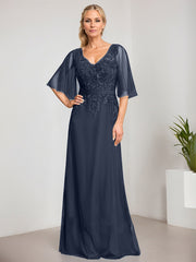 A-line V-Neck Floor-Length Lace Chiffon Mother of the Bride Dress With Sequins Beading