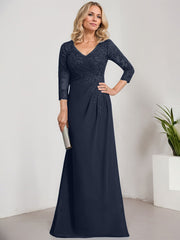 Sheath/Column V-Neck Illusion Floor-Length Lace Chiffon Mother of the Bride Dress With Pleated Sequins