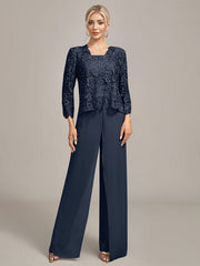 Silver Chiffon Pant and Lace Top Mother of The Bride Wide Pant Suits