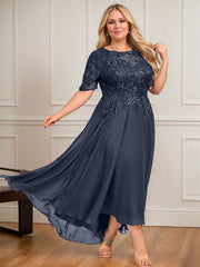 A-line Scoop Illusion Asymmetrical Lace Chiffon Mother of the Bride Dress With Sequins