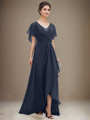 A-line V-Neck Asymmetrical Chiffon Mother of the Bride Dress With Sequins Beading Cascading Ruffles