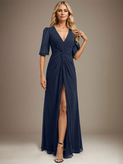 A-line V-Neck Floor-Length Chiffon Evening Dress With Pleated