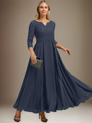 A-line V-Neck Ankle-Length Chiffon Lace Mother of the Bride Dress With Rhinestone