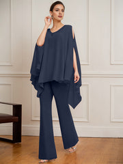 Separates Jumpsuit/Pantsuit V-Neck Floor-Length Chiffon Mother of the Bride Dress With Beading