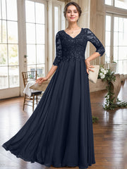 A-line V-Neck Floor-Length Lace Chiffon Mother of the Bride Dress With Sequins