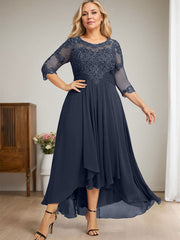 A-line Scoop Illusion Asymmetrical Lace Chiffon Mother of the Bride Dress With Cascading Ruffles