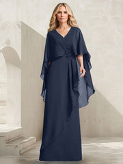 A-line V-Neck Floor-Length Chiffon Mother of the Bride Dress With Cascading Ruffles Beading