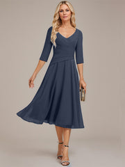 A-line V-Neck Tea-Length Chiffon Mother of the Bride Dress With Pleated