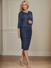 Sheath/Column Scoop Knee-Length Chiffon Lace Mother of the Bride Dress With Beading
