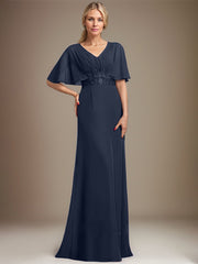 A-line V-Neck Floor-Length Chiffon Mother of the Bride Dress With Sequins Appliques Lace Pleated