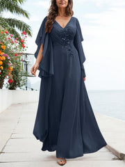 A-Line V-Neck Floor-Length Chiffon Mother Of The Bride Dresses With Appliques Lace