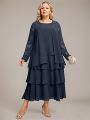A-line Scoop Tea-Length Chiffon Mother of the Bride Dress With Cascading Ruffles