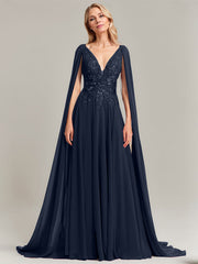 A-line V-Neck Sweep Train Lace Chiffon Evening Dress With Sequins