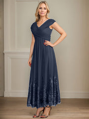 A-line V-Neck Ankle-Length Chiffon Mother of the Bride Dress With Bow Sequins Appliques Lace