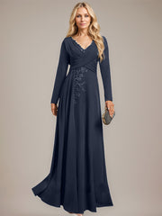 A-line V-Neck Floor-Length Stretch Crepe Evening Dress With Pleated Sequins Appliques Lace