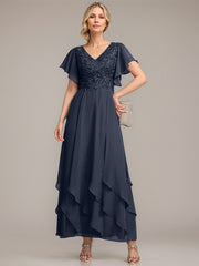A-line V-Neck Ankle-Length Lace Chiffon Mother of the Bride Dress With Cascading Ruffles