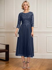 A-line Scoop Illusion Tea-Length Lace Chiffon Mother of the Bride Dress With Sequins Pleated