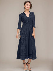 A-line V-Neck Tea-Length Chiffon Mother of the Bride Dress