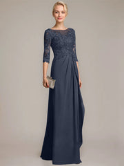A-line Scoop Illusion Floor-Length Chiffon Lace Mother of the Bride Dress With Beading Sequins Cascading Ruffles