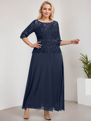 A-line Scoop Illusion Ankle-Length Chiffon Lace Mother of the Bride Dress With Rhinestone Beading