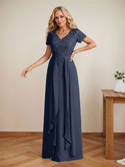 Elegant A-Line Chiffon V-neck Mother of the Brides Dresses Lace Top MOB Dresses