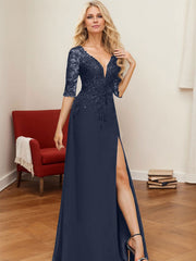 A-Line V-Neck 1/2 Sleeves Floor-Length Chiffon Mother Of The Bride Dresses With Lace