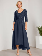 A-line V-Neck Asymmetrical Chiffon Lace Mother of the Bride Dress With Pleated Beading