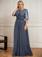 A-line Scoop Illusion Floor-Length Chiffon Lace Mother of the Bride Dress With Pleated Sequins Beading