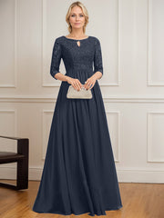 A-line Scoop Floor-Length Lace Chiffon Mother of the Bride Dress With Crystal Brooch Sequins