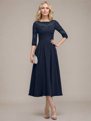 A-line Scoop Illusion Tea-Length Chiffon Lace Mother of the Bride Dress With Sequins Beading