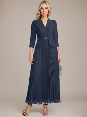 A-line Collared V-Neck Ankle-Length Chiffon Mother of the Bride Dress With Beading Pleated