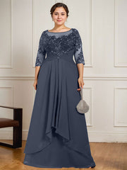 A-line Scoop Illusion Floor-Length Lace Chiffon Mother of the Bride Dress With Cascading Ruffles