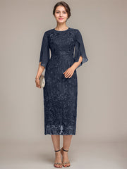 Sheath/Column Scoop Tea-Length Lace Chiffon Mother of the Bride Dress