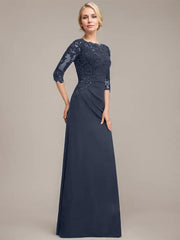 A-line Scoop Floor-Length Chiffon Lace Mother of the Bride Dress With Sequins Beading Pleated