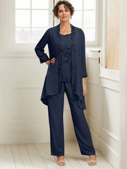 Elegant Appliques 3 Pieces Chiffon Mother of The Bride Jumpsuit with Wrap