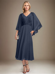 A-line V-Neck Tea-Length Chiffon Lace Mother of the Bride Dress With Sequins Beading