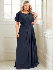 A-line Scoop Floor-Length Chiffon Mother of the Bride Dress With Pleated Beading
